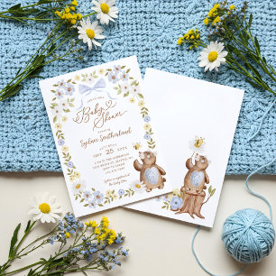Cute Floral Woodland Knitted Bear Baby Boy Shower Invitation