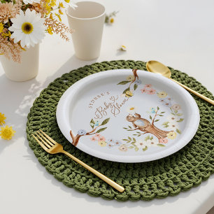 Cute Floral Woodland Knitted Bear Baby Shower Paper Plate