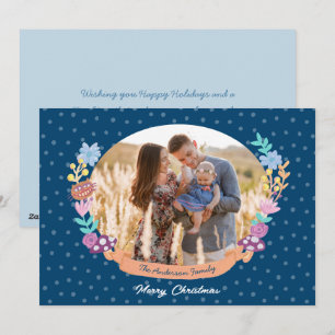 cute floral wreath dark blue Christmas photo Holiday Card