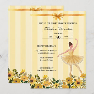 Cute Floral Yellow Ballerina Ribbon Baby Shower Invitation