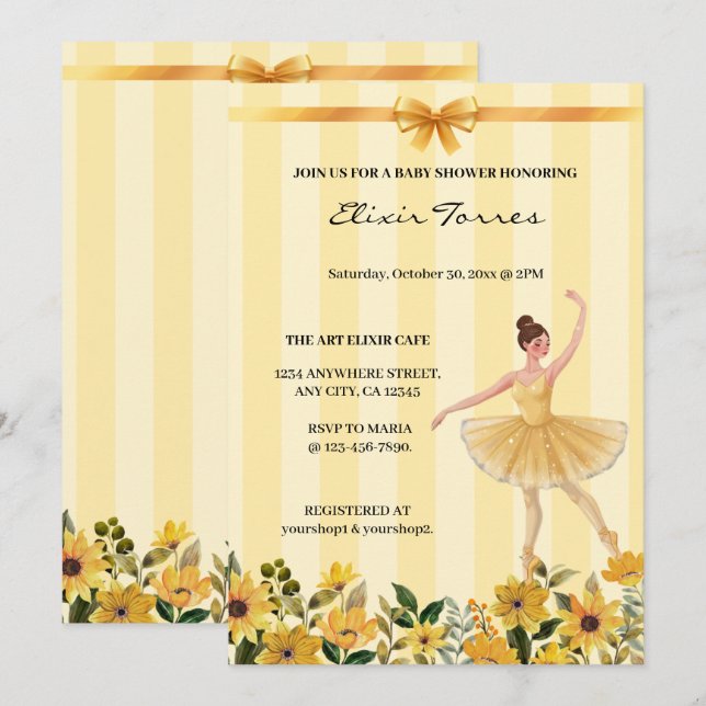 Cute Floral Yellow Ballerina Ribbon Baby Shower Invitation (Front/Back)