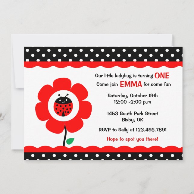 Cute Flower and Ladybird polka dots birthday party Invitation (Front)