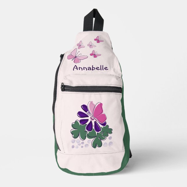 Cute Flower Butterflies Doodle Name Sling Bag (Front)
