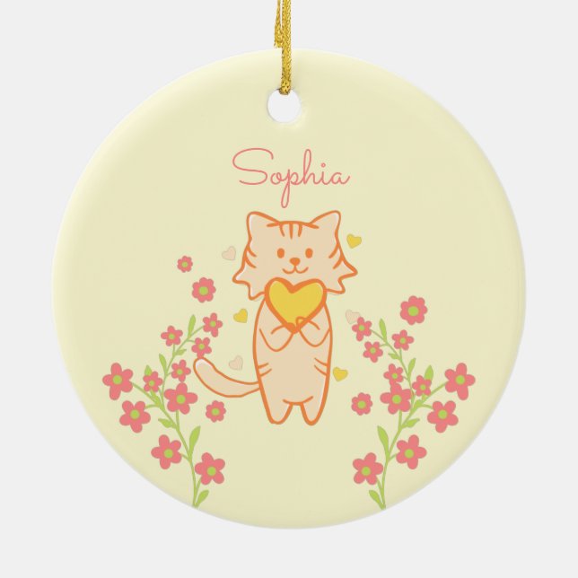 Cute Flower Cat and Heart Ceramic Ornament (Back)