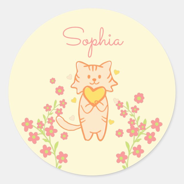 Cute Flower Cat and Heart Classic Round Sticker (Front)