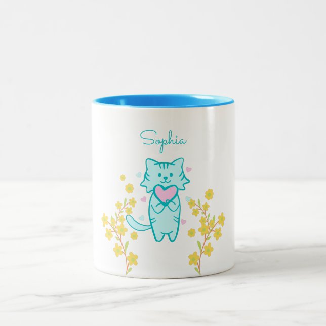 Cute Flower Cat and Heart Two-Tone Coffee Mug (Center)