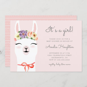 Cute Flower Crown & Llama Girl Baby Shower Invitation