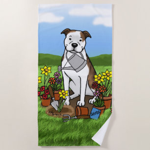 Cute Flower Gardener Pit Bull (lt brindle white 3) Beach Towel