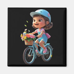 Cute Flower Girl with Bicycle Funny Unisex Design Magnet