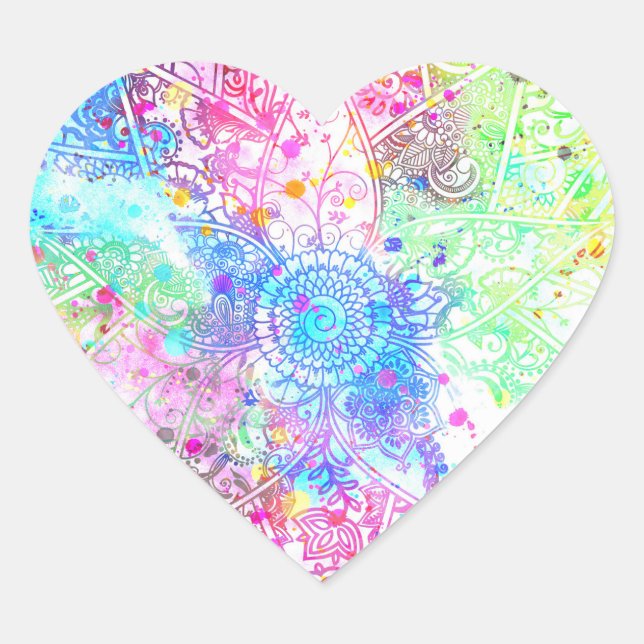 Cute flower henna hand drawn design watercolors heart sticker (Front)