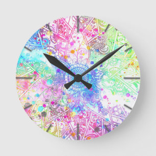 Cute flower henna hand drawn design watercolors round clock