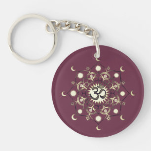 Cute Flower Moon Mandala Om Quote Gold Purple Key Ring