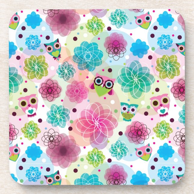 Cute flower owl background pattern coaster (Front)