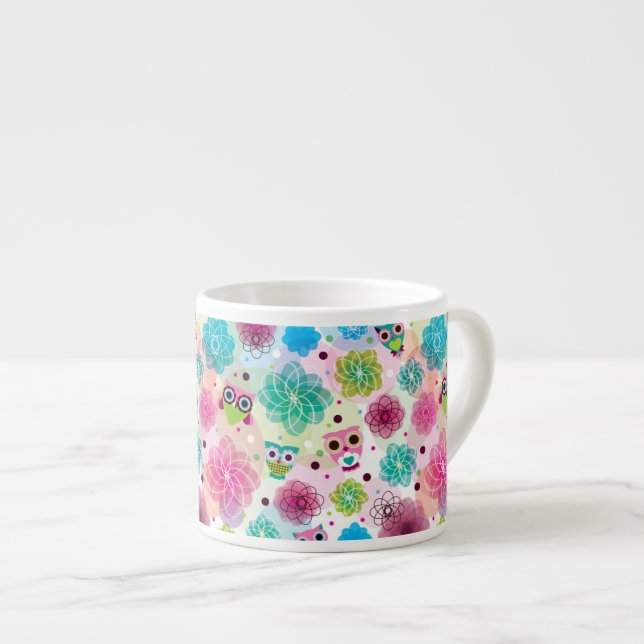 Cute flower owl background pattern espresso cup (Front Right)