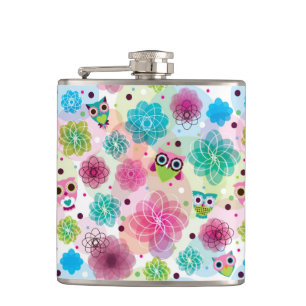 Cute flower owl background pattern hip flask