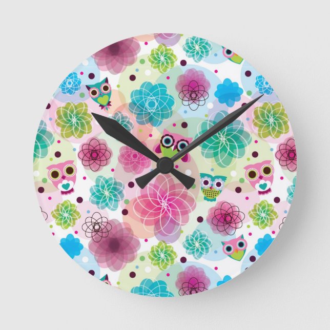 Cute flower owl background pattern round clock (Front)
