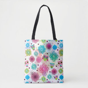 Cute flower owl background pattern tote bag