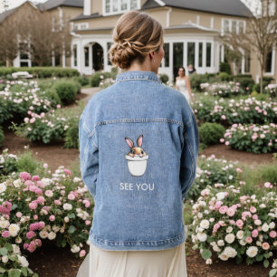 Cute Flower Pot Bunny Text Denim Jacket
