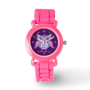 Cute flower power owl, clocknumbers & custom name watch