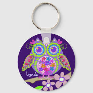 Cute Flower Power Owl with Name keychain