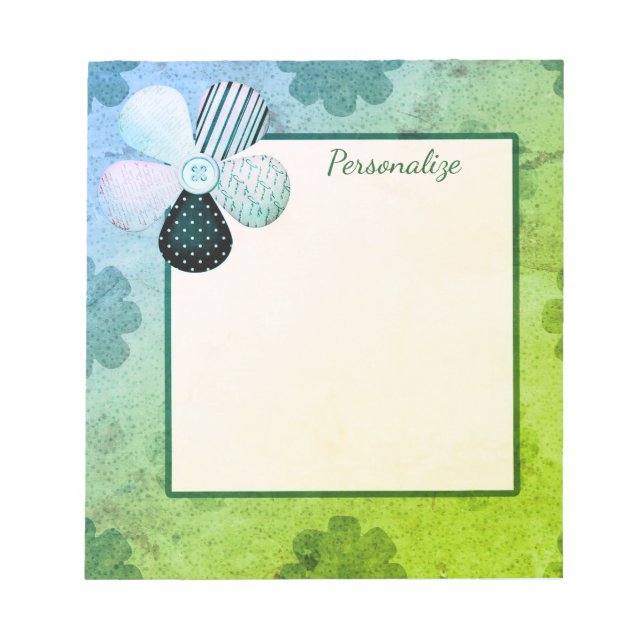 Cute Flower Sewing Button Blue Green Border Notepad (Front)