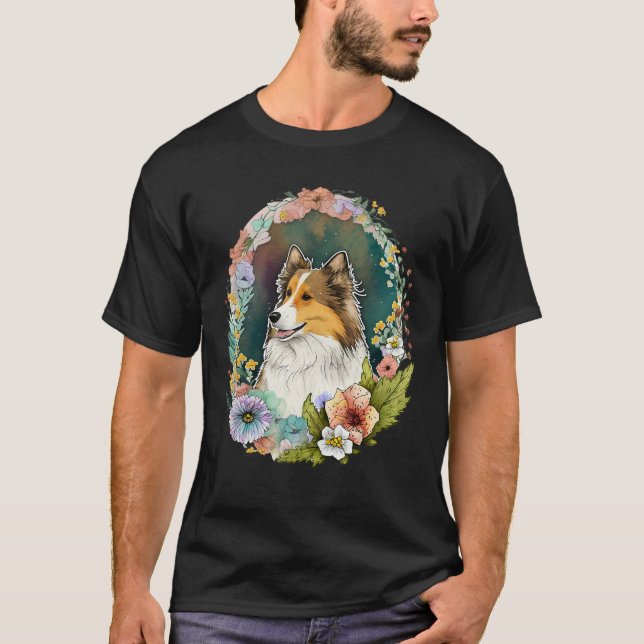 Cute Flower Sheltie summer Floral Shetland Sheepdo T-Shirt (Front)