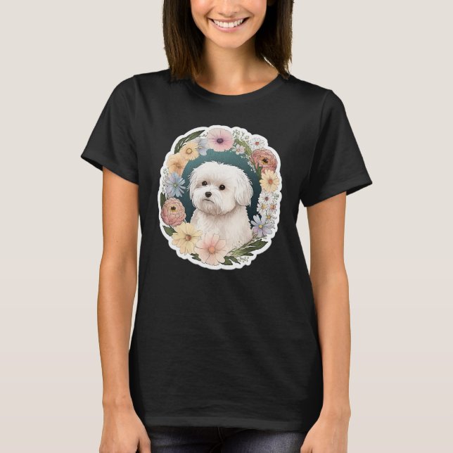 Cute Flower summer Floral Maltese dog T-Shirt (Front)