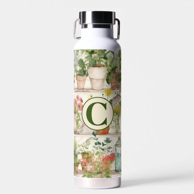 Cute Flower Vase Garden Plants Watercolor Monogram Water Bottle (Front)