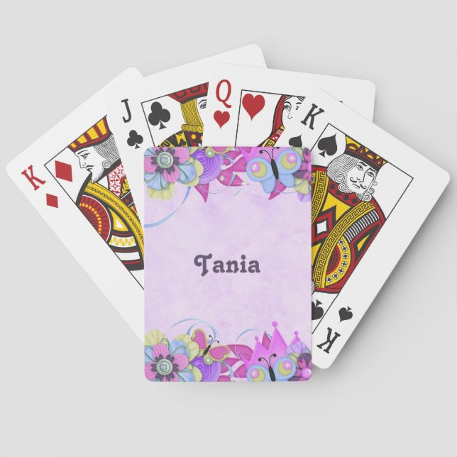 Cute flowers and butterflies on purple playing cards (Back)