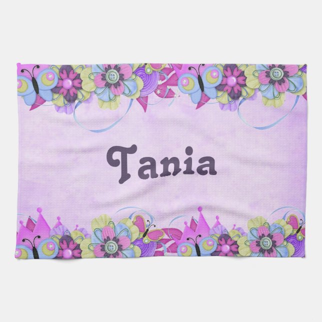 Cute flowers and butterflies on purple tea towel (Horizontal)