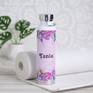 Cute flowers and butterflies on purple water bottle