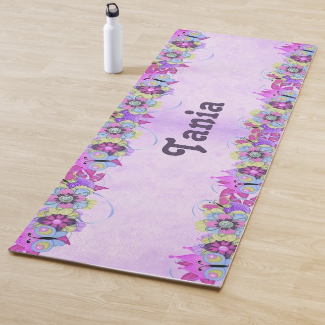 Cute flowers and butterflies on purple yoga mat (In Situ)