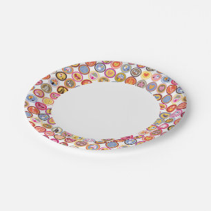 cute flowers, birds, hearts pattern paper plate