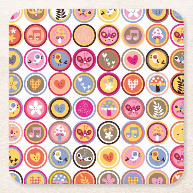 cute flowers, birds, hearts pattern square paper coaster (Front)