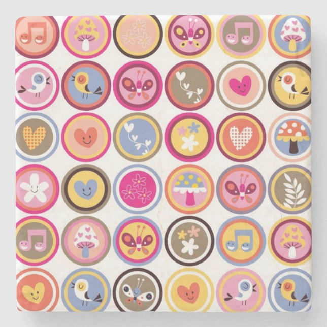 cute flowers, birds, hearts pattern stone coaster (Front)