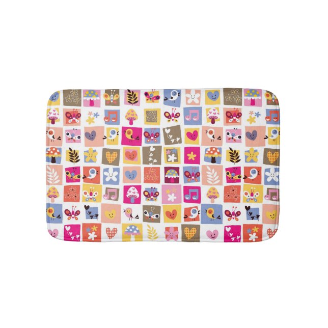 cute flowers, birds, hearts squares pattern bath mat (Front)