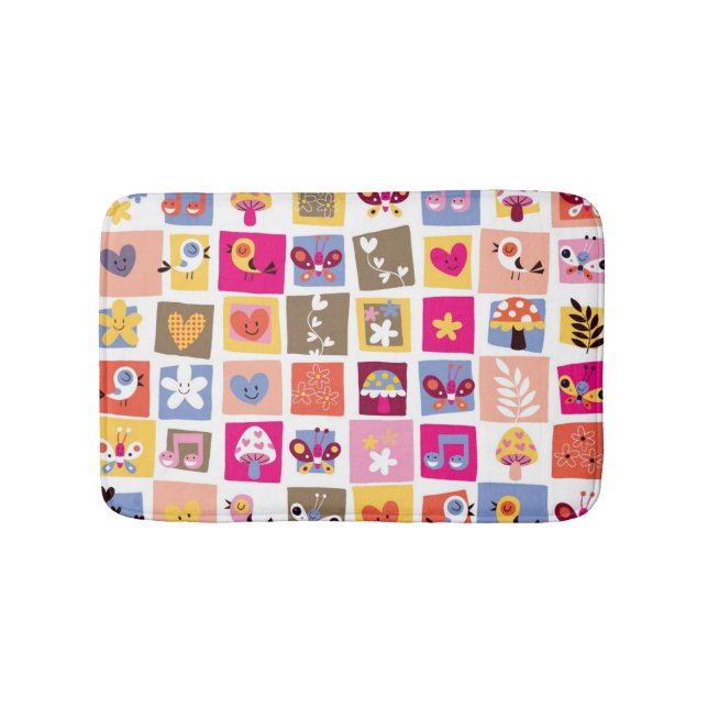 cute flowers, birds, hearts squares pattern bath mat (Front)
