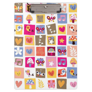 cute flowers, birds, hearts squares pattern clipboard