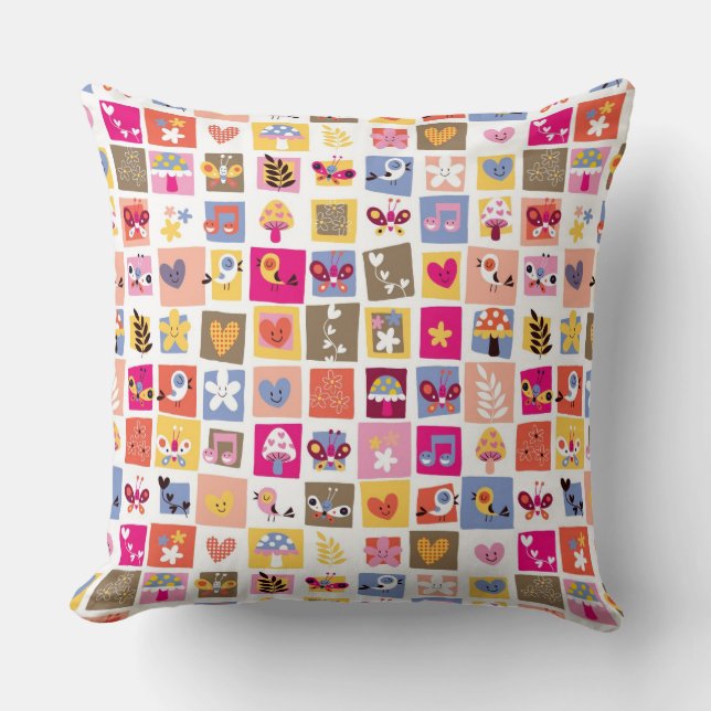 cute flowers, birds, hearts squares pattern cushion (Front)