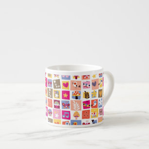 cute flowers, birds, hearts squares pattern espresso cup