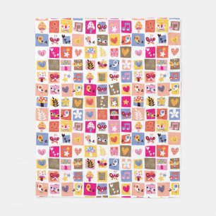 cute flowers, birds, hearts squares pattern fleece blanket