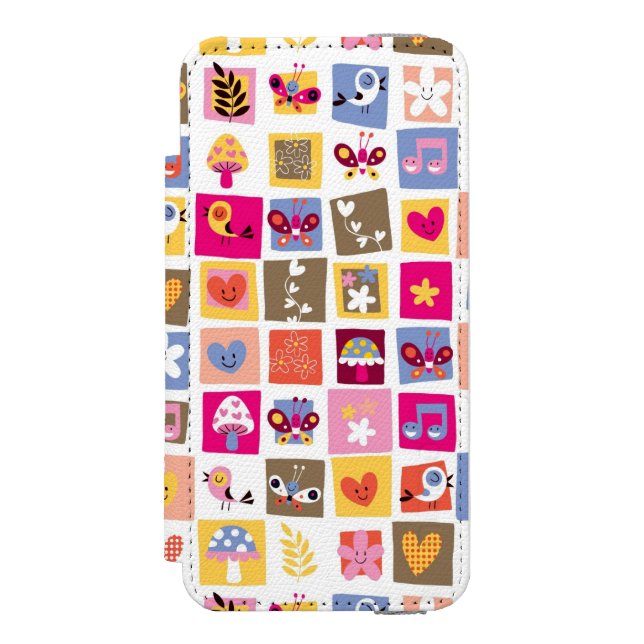 cute flowers, birds, hearts squares pattern incipio iPhone wallet case (Folio Front)