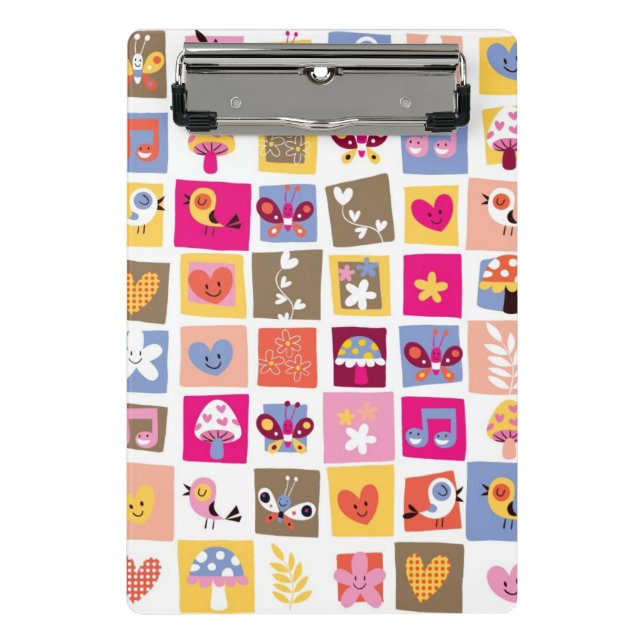 cute flowers, birds, hearts squares pattern mini clipboard (Front)
