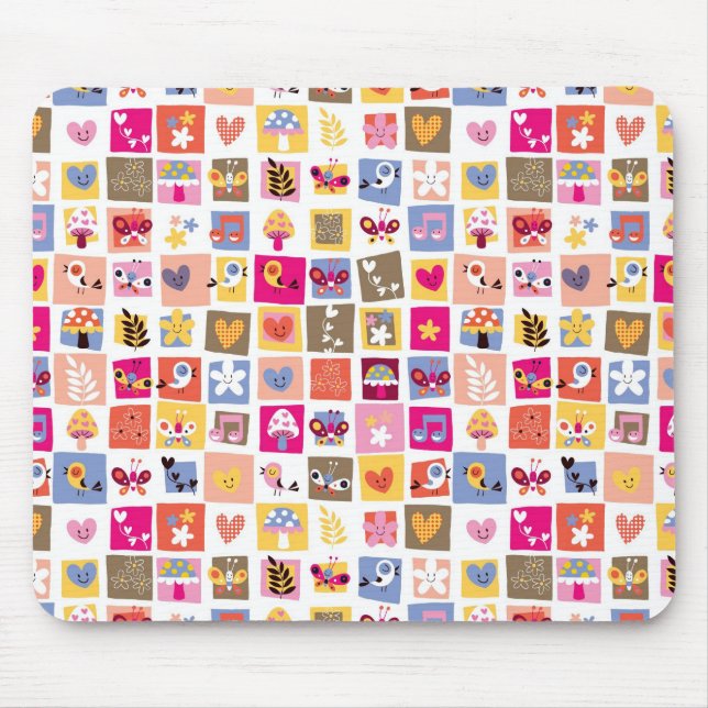 cute flowers, birds, hearts squares pattern mouse pad (Front)