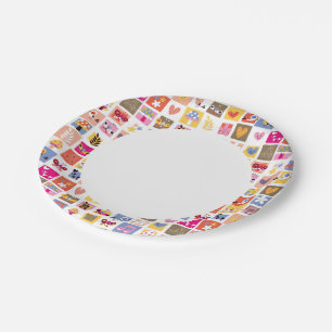 cute flowers, birds, hearts squares pattern paper plate