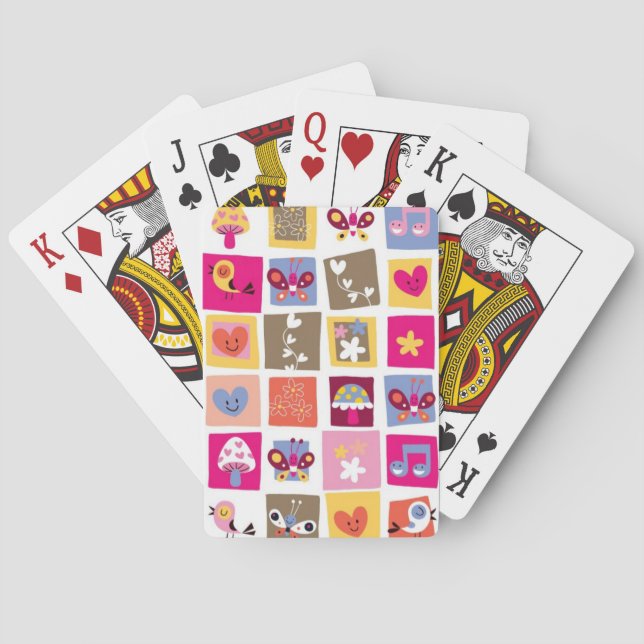 cute flowers, birds, hearts squares pattern playing cards (Back)