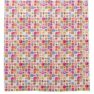 cute flowers, birds, hearts squares pattern shower curtain