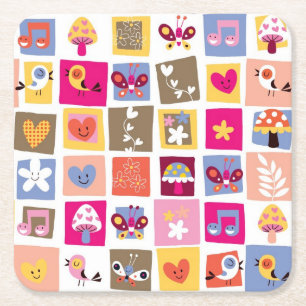 cute flowers, birds, hearts squares pattern square paper coaster