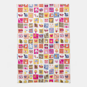 cute flowers, birds, hearts squares pattern tea towel