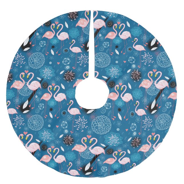 Cute flowers flamingos pattern brushed polyester tree skirt (Front)
